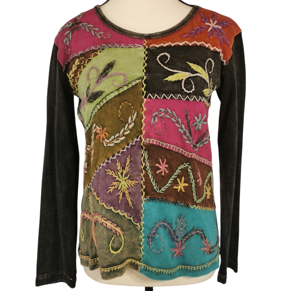 Boho Patchwork Embroidered Nepal Cotton Top Festival Style Sz S